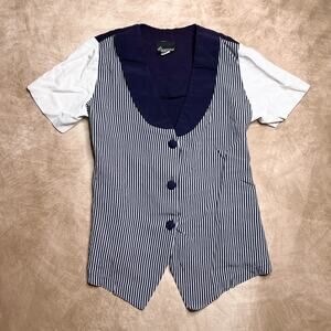 Vintage 90s Nu Venture Layered Striped Shirt Vest Navy Nautical Sailor Retro